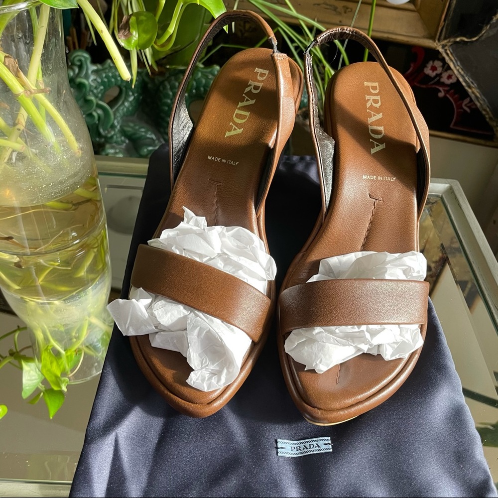 Prada
Brown Leather Slingback Wedge 
Sandals 
38.5 - Picture 15 of 16